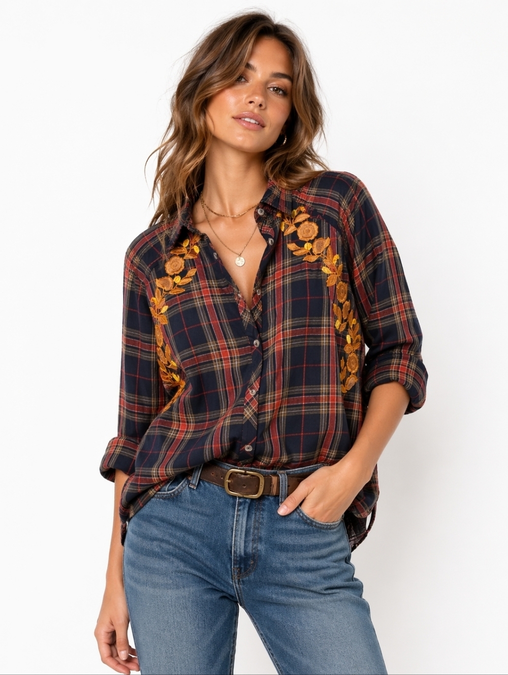 Tolani Estrella Plaid Western Boho Embroidered‎ Flowers Button Down Shirt XL